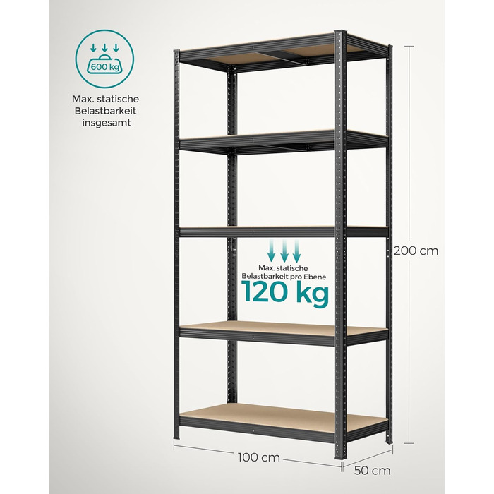 Ярусний стелаж SONGMICS, 50 x 100 x 200 см, вантажопідйомність 600 кг, регульовані полиці, індустріальний стиль, для кухні, вітальні, чорний GLR050B01 50 x 100 x 200 см Чорний, 5-