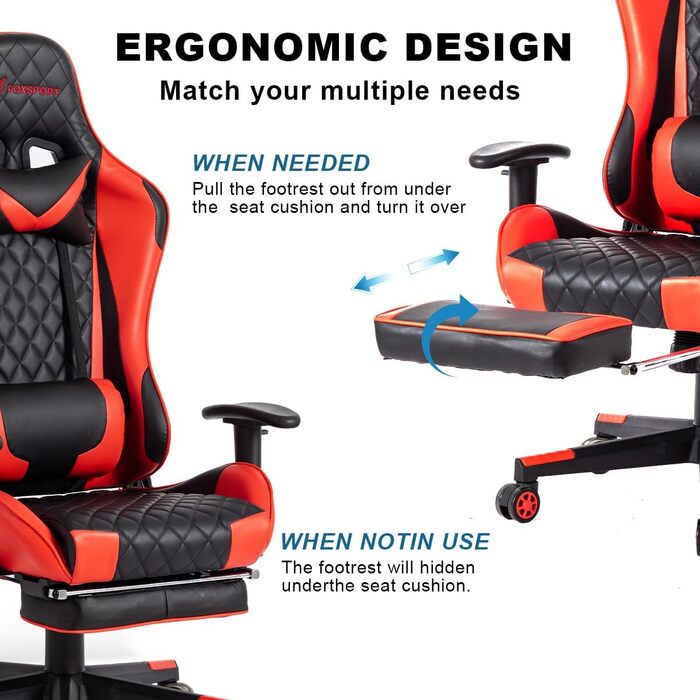 Ергономічне ігрове крісло, повністю регульоване з підлокітниками, підставкою для ніг, підголівником, спинкою та подушкою функція нахилу максимальний комфорт для геймерів та офісних працівників. З підставкою для ніг, червоного кольору.