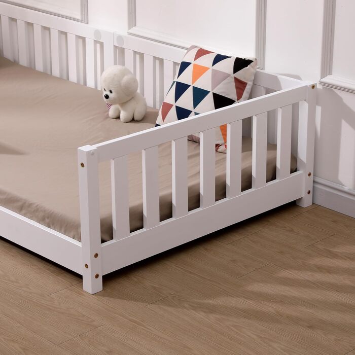 Дитяче ліжко ecomi 80x160 із захистом від падіння, Ліжко на підлогу, Дитяче ліжко з рейковою основою для дівчаток та хлопчиків, Масив сосни білого кольору, 80 x 160 см, Білий