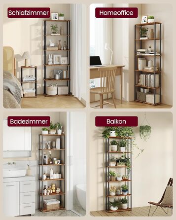 Надзвичайно швидке складання без інструментів, 6-рівнева полиця, окремостояча полиця для зберігання, 23,8 x 60 x 173,4 см, вітальня, спальня, кухня, вінтажний коричнево-чорний колір LLS166K01 6 рівнів (60Ш см)