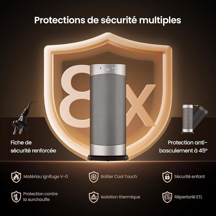 Енергозберігаючий електричний вентилятор-обігрівач, 1500 Вт з термостатом, коливальний електричний нагрівальний елемент 70, керамічний нагрівач PTC, тиха робота, режим ECO, 24-годинний таймер, захист від перегріву та перекидання, 41 см, сріблястий