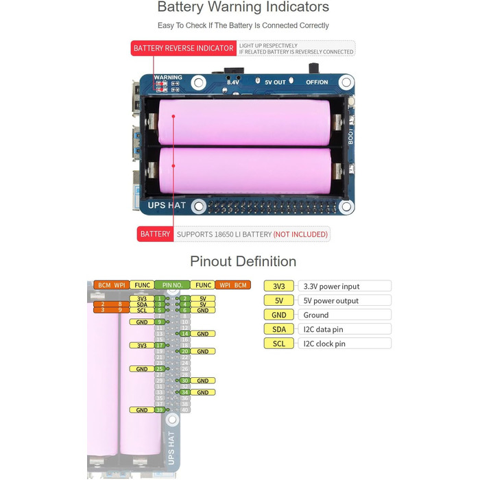 ДБЖ Waveshare HAT Сумісний з джерелом безперебійного живлення Raspberry Pi 5 В Схеми захисту кількох акумуляторів Одночасний заряд і вихідна потужність ДБЖ HAT (EN)