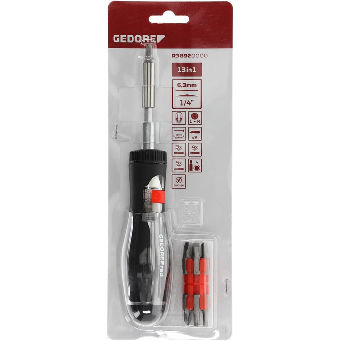 Викрутка з тріскачкою GEDORE red з бітотримачем, 1/4 6,3 мм шестигранник, телескопічне лезо, перемикач напрямку обертання, R38920000