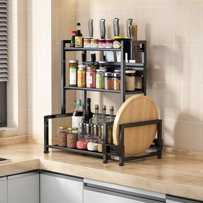 Стелаж для спецій Devesanter, 3 яруси, кухонна стійка для банок для спецій великої місткості, металевий органайзер для стільниці з тримачем для посуду, тримач для обробної дошки, з 6 гачками, чорний