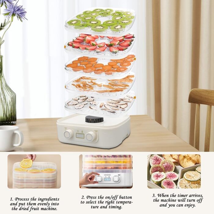 Дегідратор RANJIMA з 5 лотками для запасів, дегідратор для їжі Дегідратор з регулятором температури 3570C Таймер дегідратора Сушарка для харчових продуктів М'ясо Овочі Фрукти