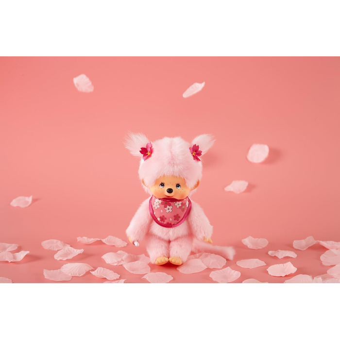 Оригінальна лялька Monchhichi Вишня в цвіту, плюшева фігурка з нагрудником та косичками з квітами, м'яка іграшка рожевого кольору, приблизно 20 см, 767020 -