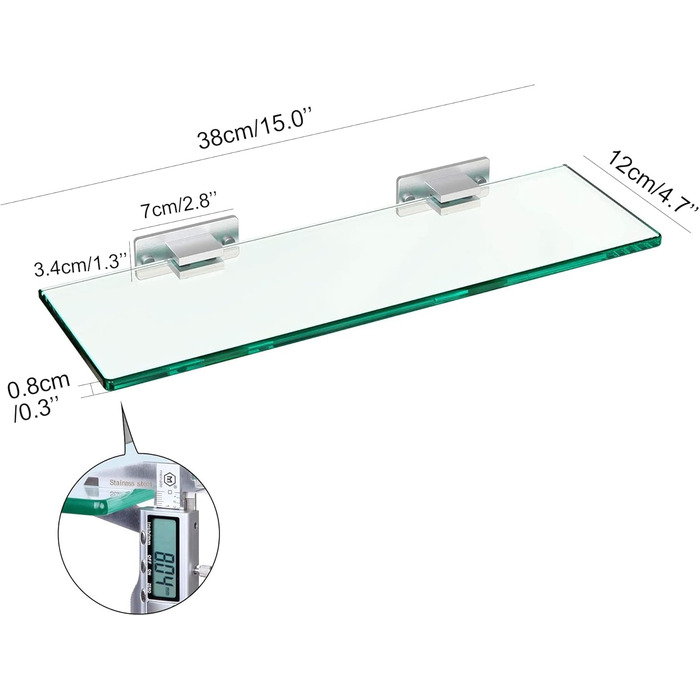 Скляна полиця для ванної кімнати, полиця для душу з алюмінієвим тримачем, органайзер для шампуню загартоване прямокутне скло товщиною 8 мм 2 шт. настінний кронштейн сріблястий (подвійна скляна полиця)