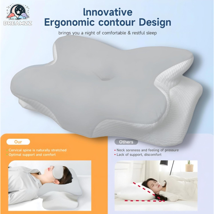 Ергономічна подушка Dreamzz з піни з ефектом пам&39яті, контурний дизайн для підтримки сну, світло-блакитний та білий