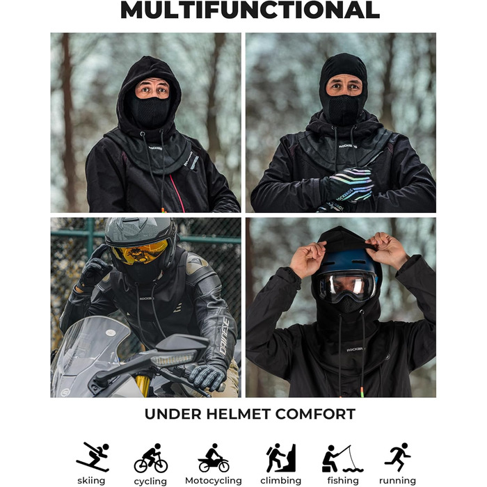 Балаклава для мотоциклів ROCKBROS, лижна маска для чоловіків та жінок, повнолицьова маска, зимова шапка та грілка для шиї, тепла, вітрозахисна, дихаюча для їзди на велосипеді, лиж, сноубордингу, один розмір, чорна