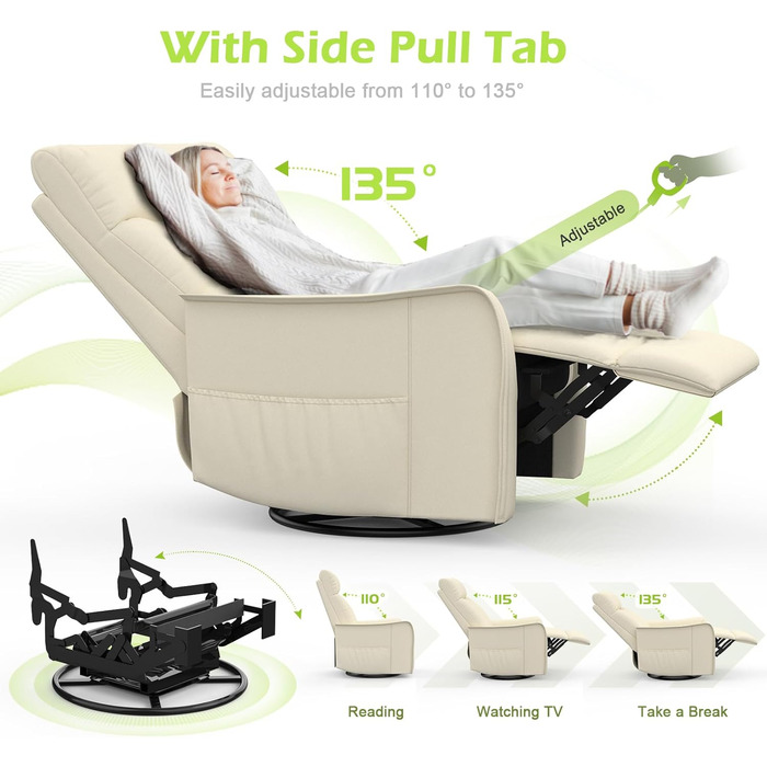 Крісло для телевізора, масажне крісло з функцією відкидання, крісло для релаксації з підігрівом та масажем, крісло для телевізора з поворотом на 360 для вітальні, крісло-гойдалка з м&39яким підголівником, 2 бічні кишені, ПУ кремово-білий колір
