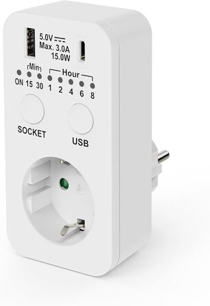 Таймер розетки conecto, розетка зворотного відліку, таймер 230 В, розетка таймера USB і USB-C, розетка програмованого таймера, 2300 Вт, білий