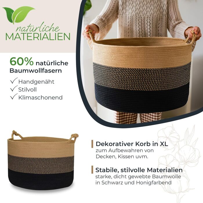 Кошик для зберігання HMF з ручками у формі щасливого вузла, великий бавовняний кошик 50 x 33 см Чорно-медовий