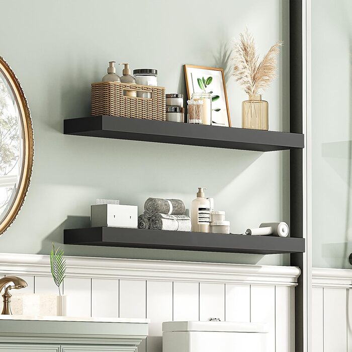 Настінна полиця HOOBRO, плаваюча полиця, 2 шт., міцні настінні полиці, підвісні полиці 80 x 20 x 3,8 см, з невидимими кронштейнами, для ванної кімнати, спальні, кухні, офісу, вітальні, чорна EBK80BJP201 Чорний 80 см