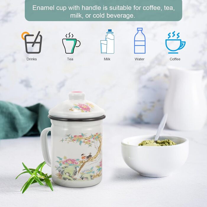 Емальована кружка з чайним ситечком та кришкою, вінтажна чашка діаметром 9 см, виготовлена з міцного емальованого матеріалу для чаю та води, побутова кружка для пиття
