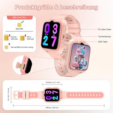 Розумний годинник IOWODO для дітей, годинник з функціями 4G та екстреним викликом SOS, LBSWiFiGPS-трекер, батарея 800 мАг 5 днів роботи, водонепроникність IP67, шкільний режим та навчальні ігри, дитячий годинник для хлопчиків та дівчаток, 4G - рожевий