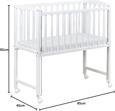 Дитяче ліжечко, біле, 90x40 см, дитяче ліжко/колиска, регульована по висоті, мобільне з колесами та матрацом