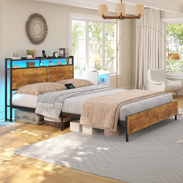 Ліжко 120x200 см зі світлодіодним освітленням та 2 USB 2 розетками змінного струму. Металевий каркас ліжка 120x200 з металевим каркасом та дерев&39яним узголів&39ям з місцем для зберігання речей, каркас двоспального ліжка. Міцне та стійке. Легке складання