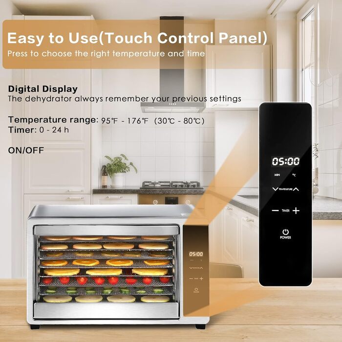 Дегідратор Skyehomo з нержавіючої сталі, дегідратор 650 Вт 0,8 м дегідратор з регулятором температури (35-80 C), таймер на 24 години, 8 рівнів сушильної машини з решіткою з нержавіючої сталі, дегідратор їжі для м'яса, фруктів, овочів, трав