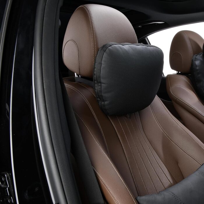 Подушка для шиї автомобіля з натуральної коров&39ячої шкіри, підтримка шиї для підголівника автомобіля, подушка-підтримка з натуральної шкіри, рослинний поліестер, 30x19 см, багаторазова та регульована (чорна, ) Чорна подушка для шиї автомобіля