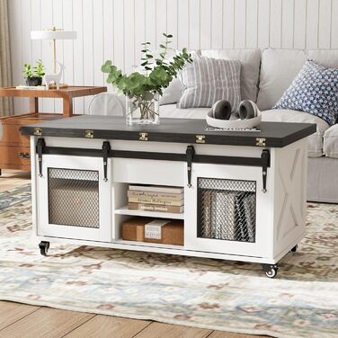 Журнальний столик VOWNER з регульованою висотою, багатофункціональний стіл для вітальні 3-в-1 з колесами та прихованим місцем для зберігання, який можна перетворити на обідній стіл для вітальні, у фермерському стилі (чорний з деревним малюнком)