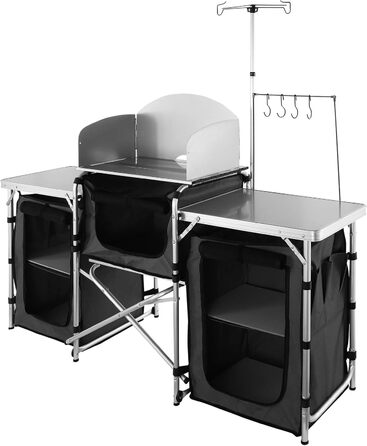 Кухонний стіл VEVOR для кемпінгу, складаний стіл для приготування їжі на відкритому повітрі з сумкою для зберігання, алюмінієва кухонна станція з 3 шафами та знімним вітровим склоочисом, швидке налаштування для пікніків тощо. Чорний, 3 шафи