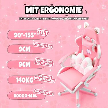 Миле ігрове крісло з поперековою подушкою у формі котячої лапи та котячими вушками, ергономічне ігрове крісло з підставкою для ніг, регульоване ігрове крісло для ПК для дівчаток, підлітків, дітей, рожеве