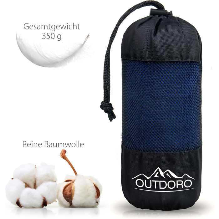 Спальний мішок Outdoro Hut, надлегкий дорожній спальний мішок - лише 350 г, виготовлений з чистої бавовни з кишенею для подушки - тонкий та компактний - підкладка, дорожнє простирадло синього кольору