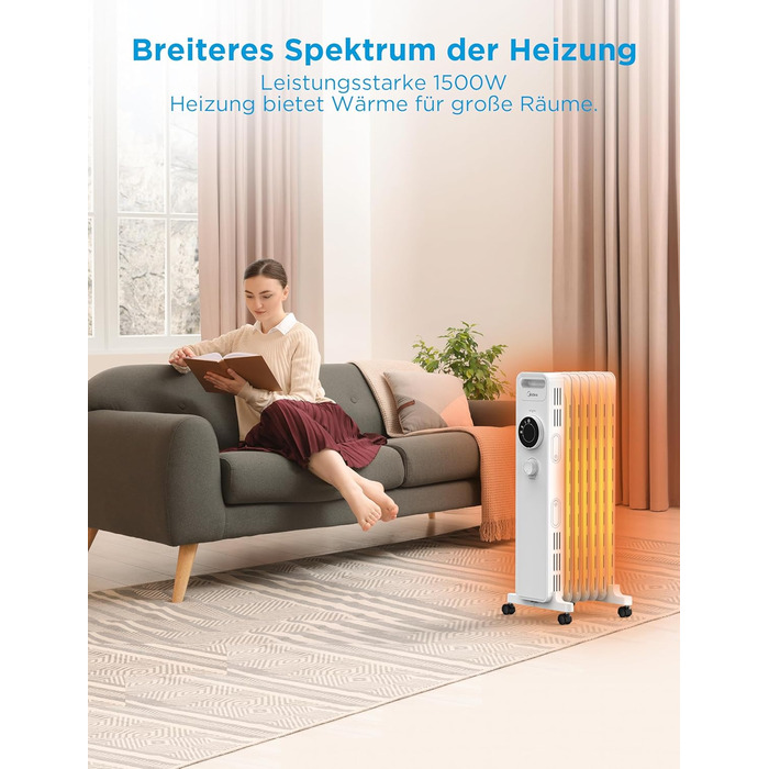 Масляний радіатор Midea NY1507-22M, енергозберігаючий, тихий електричний обігрівач потужністю 1500 Вт із 7 ребрами, термостатом, 3 режимами нагріву, захистом від перекидання та перегріву, еко-режимом, швидким нагріванням та портативним, білий колір