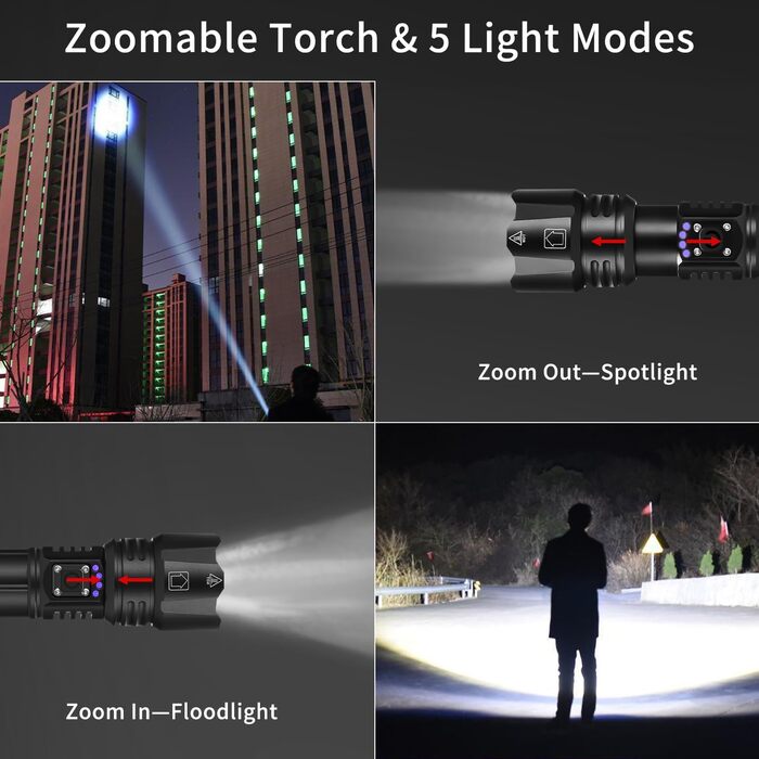 Світлодіодний ліхтарик Azyvum, який перезаряджається, надзвичайно яскравий тактичний ліхтар із можливістю масштабування 500 000 люмен, потужний із 5 режимами освітлення, водонепроникний ліхтарик IP67 для кемпінгу, риболовлі, походів, на природі, у надзвич