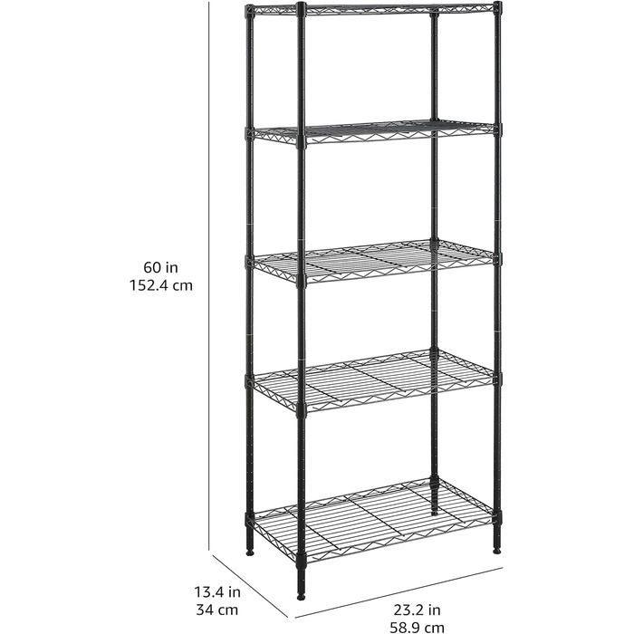 Вузька шафа для зберігання Storeo Basics з 5 полицями, регульованими по висоті полицями та ніжками, чорна, 60,1 x 35,6 x 152,4 см, без коліс Чорна 5 полиць 60,1 x 35,6 x 152,4 см Без коліс