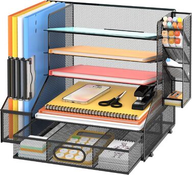 Органайзер для лотка для паперу з сітчастим тримачем для файлів, 5-ярусний настільний аксесуар та органайзер для офісного приладдя, чорний з тримачем для ручок