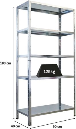 Надміцний стелаж з металевими полицями, ВxШxГ 180x90x40 см, 5 рівнів, навантаження на полицю 125 кг, оцинкований, металевий, металевий стелаж, кухонний стелаж, стелаж для підвалу, стелаж без болтів, гаражний стелаж, стелаж для зберігання, 180x90x40 см, оц