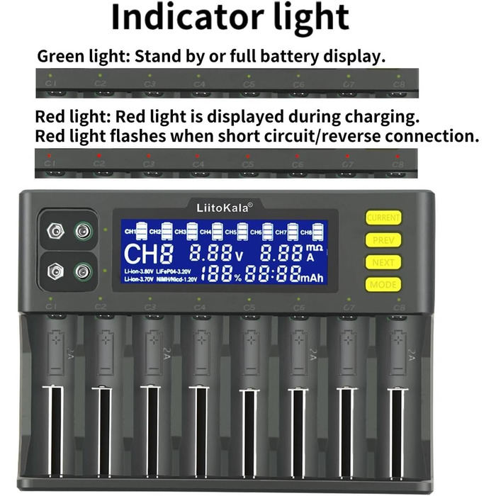 Зарядний пристрій для акумуляторів 18650, LiitoKala LII-S8 8-секційний зарядний пристрій 9V з РК-дисплеєм, зарядний пристрій для Li-Ion LiFePO4 NI-MH NI-Cd AA AAA C 21700 26650 13650 16340 18700 RCR123