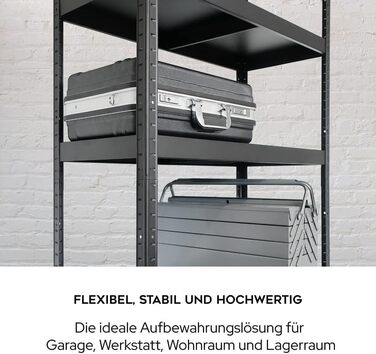 Міцний стелаж - ВxШxГ 180 x 90 x 40 см - Чорний - Вантажопідйомність 650 кг - Стелаж без болтів з 5 полицями - Навантаження на полицю 130 кг - Зроблено в ЄС - Міцний металевий стелаж - Легке складання - Для майстерні та складу