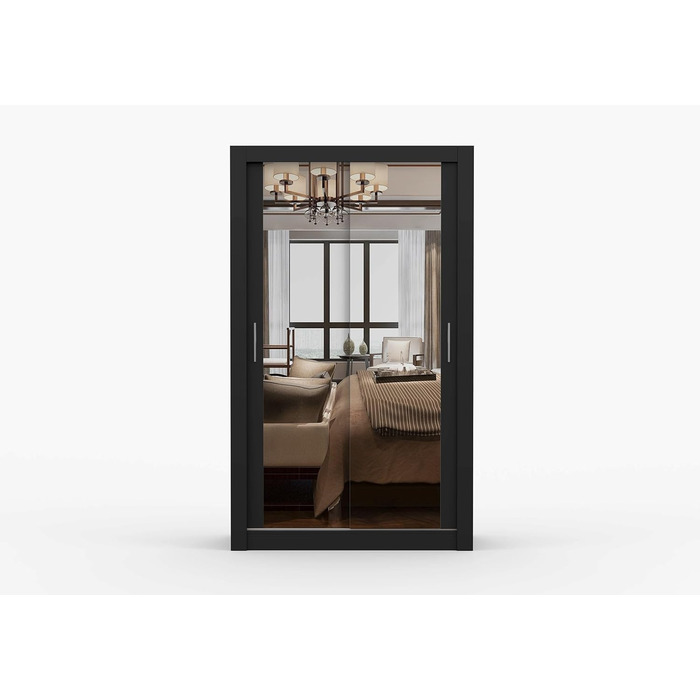 Шафа з дзеркалом - Шафа з розсувними дверима - Шафа для спальні - 64 x 120 x 215 см - Шафа для вітальні - Вішалка для одягу - Чорна шафа з двома дверима, сучасна 120 см чорного кольору