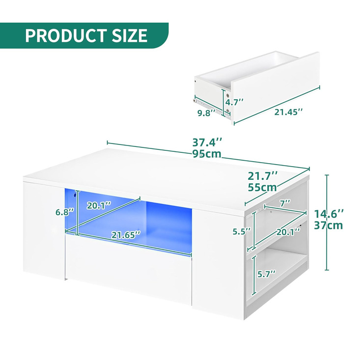 Білий журнальний столик YITAHOME, глянцевий стіл для вітальні з 16-кольоровим світлодіодним підсвічуванням, сучасний бічний столик з відкритою полицею та 2 висувними шухлядами, 95 x 55 x 37 см