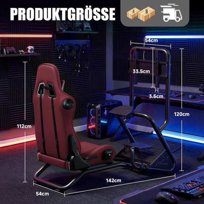 Підставка для керма гоночного симулятора з 3D стереодинаміками, кріпленням для монітора, регульованим кріпленням керма, кріпленням для важеля перемикання передач та педалями (бордовий)