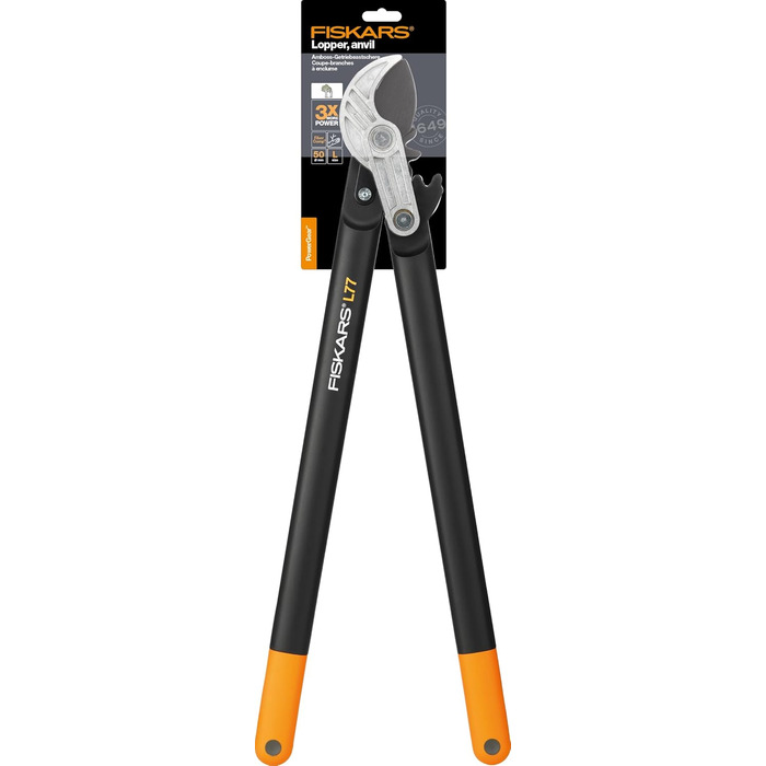 Садові секатори Fiskars PowerGear з механізмом передачі для сухого гілля та пагонів, з нарізним та тупим лезом, антипригарним покриттям, виготовлені з міцної інструментальної сталі, довжина 69 см, чорно-помаранчеві, L77, 1000583 L77 (діаметр гілок до 5 см
