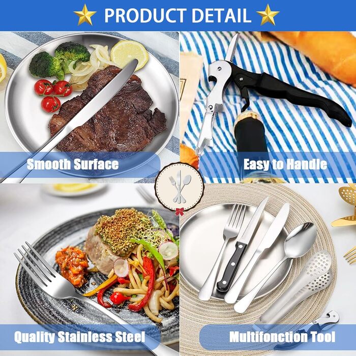 Набір посуду для кемпінгу для 4 осіб, 20 предметів, набір столових приборів для кемпінгу, нержавіюча сталь, з ложкою, виделкою, ножем, тарілкою та затискачем для кемпінгу, пікніків та подорожей, сріблястого кольору