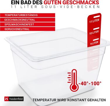 Контейнер для плити Heidenfeld SVS11 Sous Vide - дуже великий 32,0 x 26,5 x 20,0 см - Кришка - Стійка - Набір контейнерів - Повний комплект - Об'єм 11 л - Аксесуари для паличок Sous-Vide - Кухонний приладдя (Набір контейнерів)