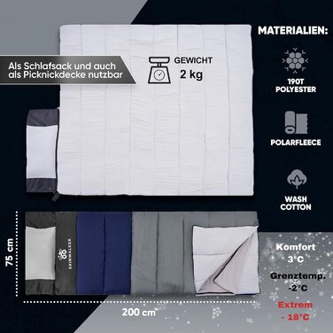 Спальний мішок SkinWalker Маленький розмір, висота до 1,70 м 3-4 сезони зі знімним флісом подушка від -18C до 15C Зимовий Літній спальний мішок-ковдра для кемпінгу, молодіжний, синьо-сірий