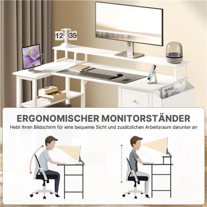 Г-подібний стіл Yaheetech з розетками, 120 x 68 см, білий, двосторонній ігровий стіл з кріпленням для монітора, 4 шухляди, 2 полиці та 1 сумка для зберігання, кутовий стіл для домашнього офісу