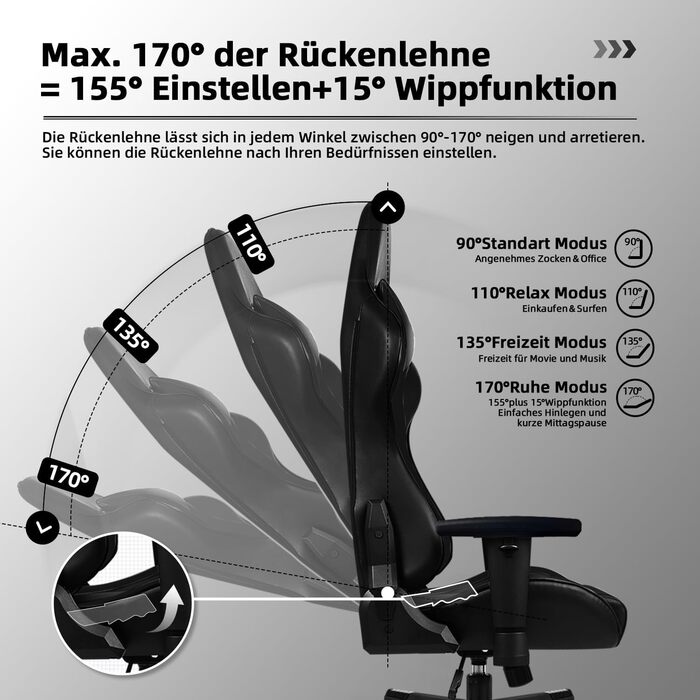 Геймерське крісло, офісне крісло з регульованою поперековою подушкою, підлокітниками та підголівником, функція гойдання ігрового крісла до 170, ігрове крісло зі зручними подушками сидіння, ігрове крісло вантажопідйомністю 150 кг