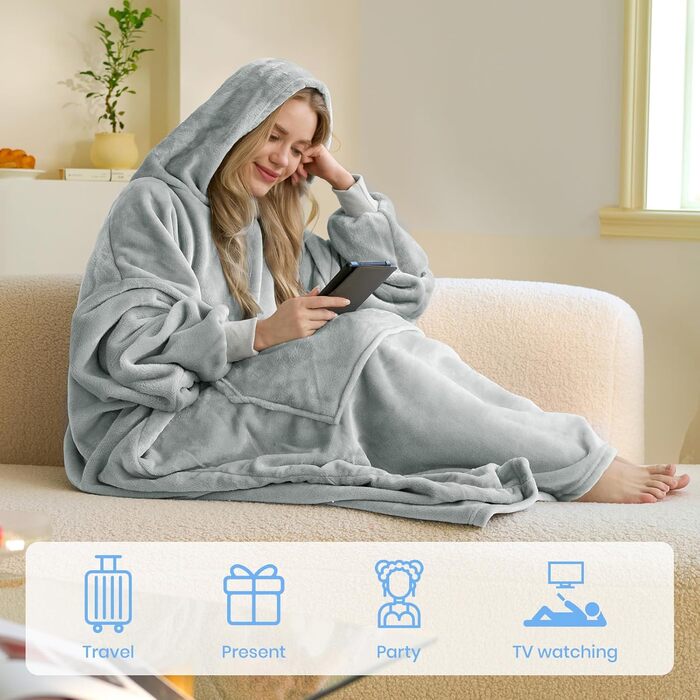 Ковдра Good Nite з рукавами велика шерпа-флісова ковдра для жінок та чоловіків, портативна тепла ковдра з кишенями, дорослий затишний светр-толстовка сірого кольору 90x130 см сірого кольору - подвійний фетр