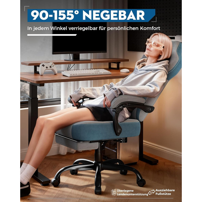 Тканина для ігрового крісла LUCKRACER, офісне крісло з підлокітниками, подушка з піни з ефектом пам&39яті, кут нахилу 90155 та підставка для ніг, міцна функціональна тканина, сіро-сіра тканина