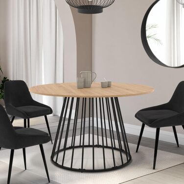 Круглий розкладний обідній стіл для 4-8 осіб, дерев&39яна стільниця та чорні металеві дротяні ніжки, 110-150 см