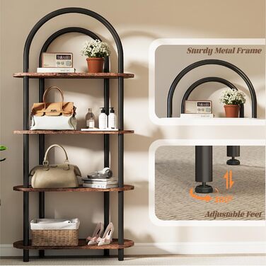 Рівнева вигнута книжкова шафа, книжкова полиця з металевим каркасом та дерев&39яними полицями, висота 165,5 см, полиці для зберігання для вітальні, кабінету, офісу, 80 * 30 * 165,5 см (сільський коричневий) 80*30*165,5 см, 4-