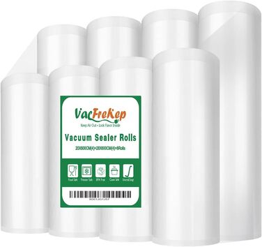 Рулонів плівки VacFreKep 20x600см(4) та 28x600см(4) Вакуумні рулони для харчових продуктів, без BPA Вакуумні пакети Пакети для су-від Плівки для вакуумних пакувальників та плівкових запаювачів Підходить 8 рулонів, 8