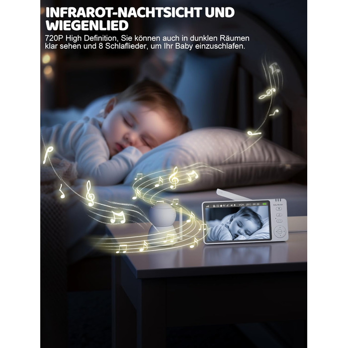 Монітор для дітей з камерою 5 дюймів 720p HD Відео Монітор для дітей Нічне бачення Режим VOX Двосторонній аудіо Моніторинг темпера