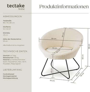 Кругле коктейльне крісло tectake з букле, крісло Тіффані, крісло для читання, безперервна спинка, крісло для вітальні, скандинавське крісло для годування, крісло-реклайнер, крісло для відпочинку - Boucl Off-White